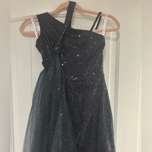 Navy Blue Sequin One-Shoulder Dress with Overskirt